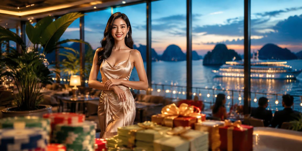Người dùng ngồi trên bãi biển gần vịnh Hạ Long dùng điện thoại kiểm tra cashback và khuyến mãi