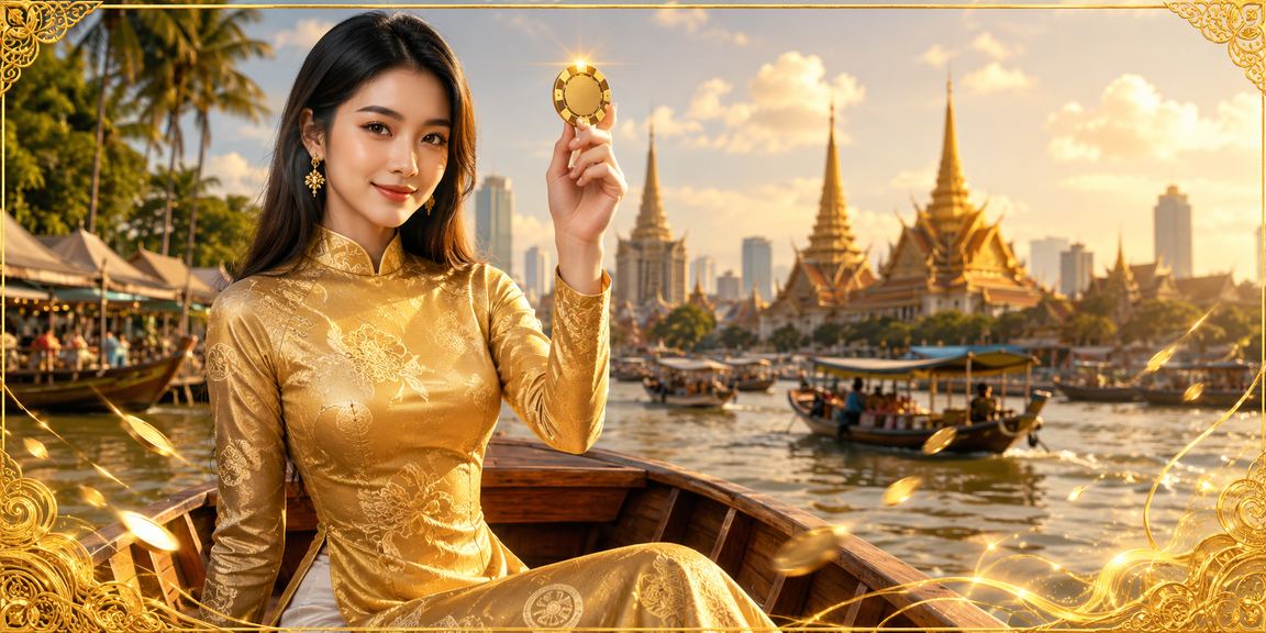 Người dùng mặc áo dài thao tác ứng dụng casino trên điện thoại bên bờ sông Mekong